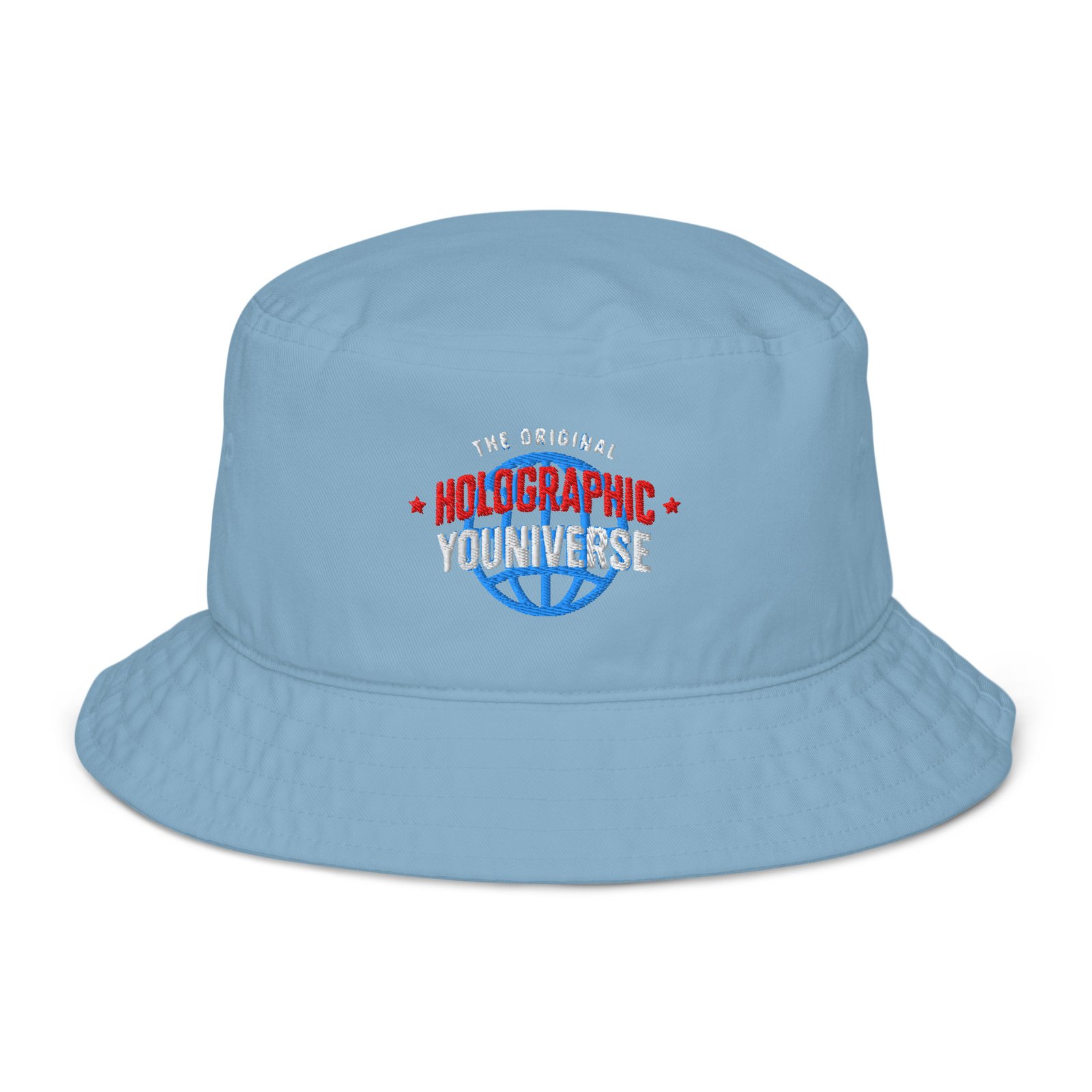 Holographic YOUniverse Bucket Hat – Unisex Organic Pure Cotton Summer Hat (White Text)