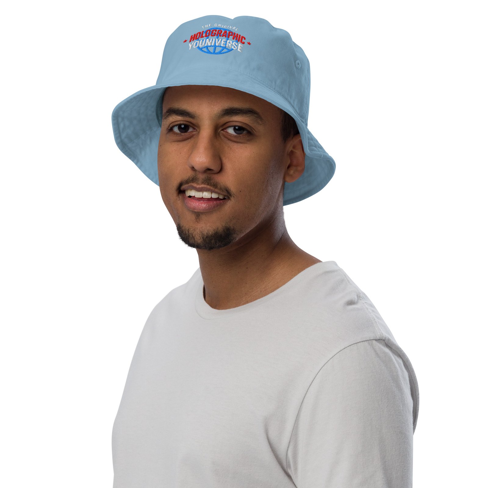 Holographic YOUniverse Bucket Hat – Unisex Organic Pure Cotton Summer Hat (White Text) - Image 5