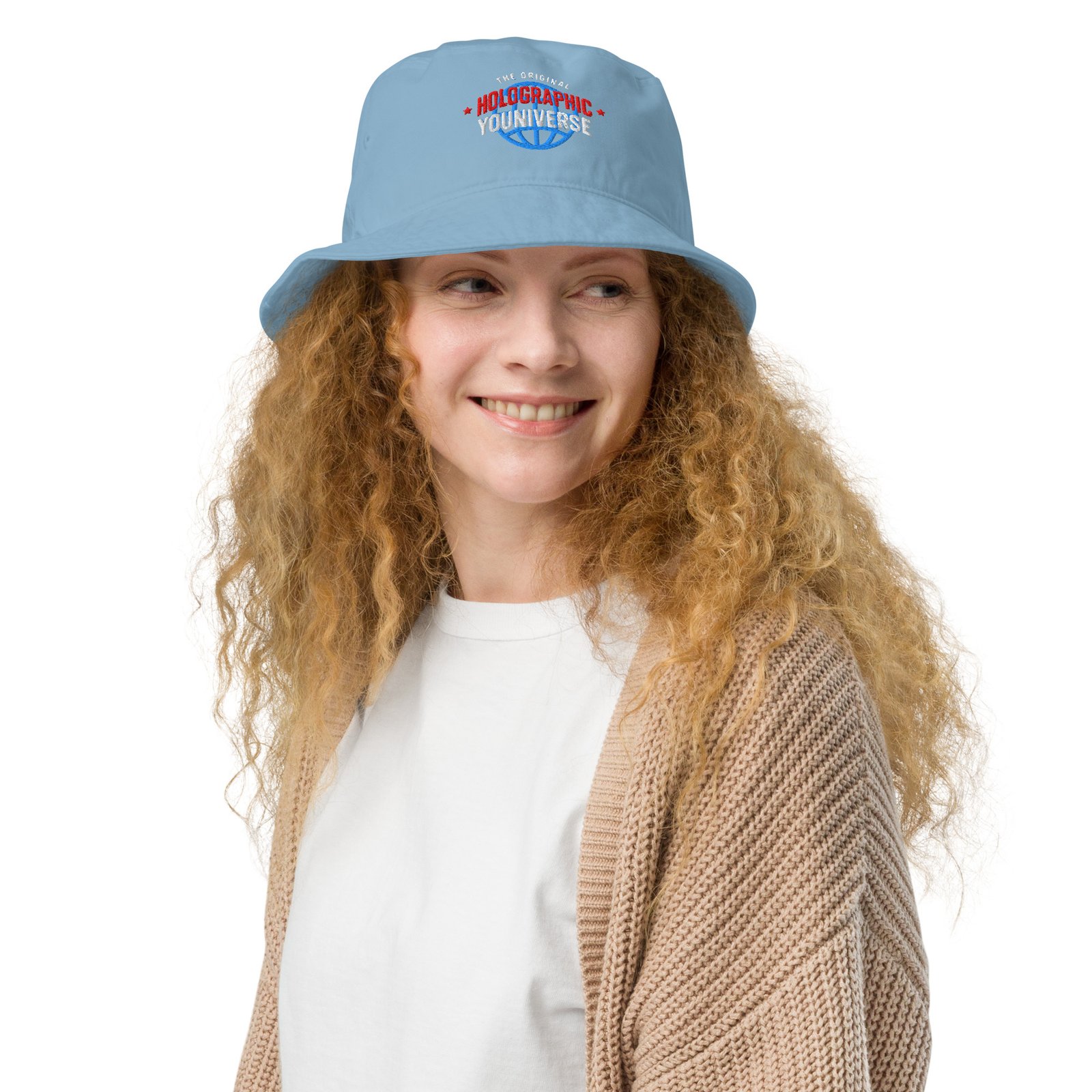 Holographic YOUniverse Bucket Hat – Unisex Organic Pure Cotton Summer Hat (White Text) - Image 6