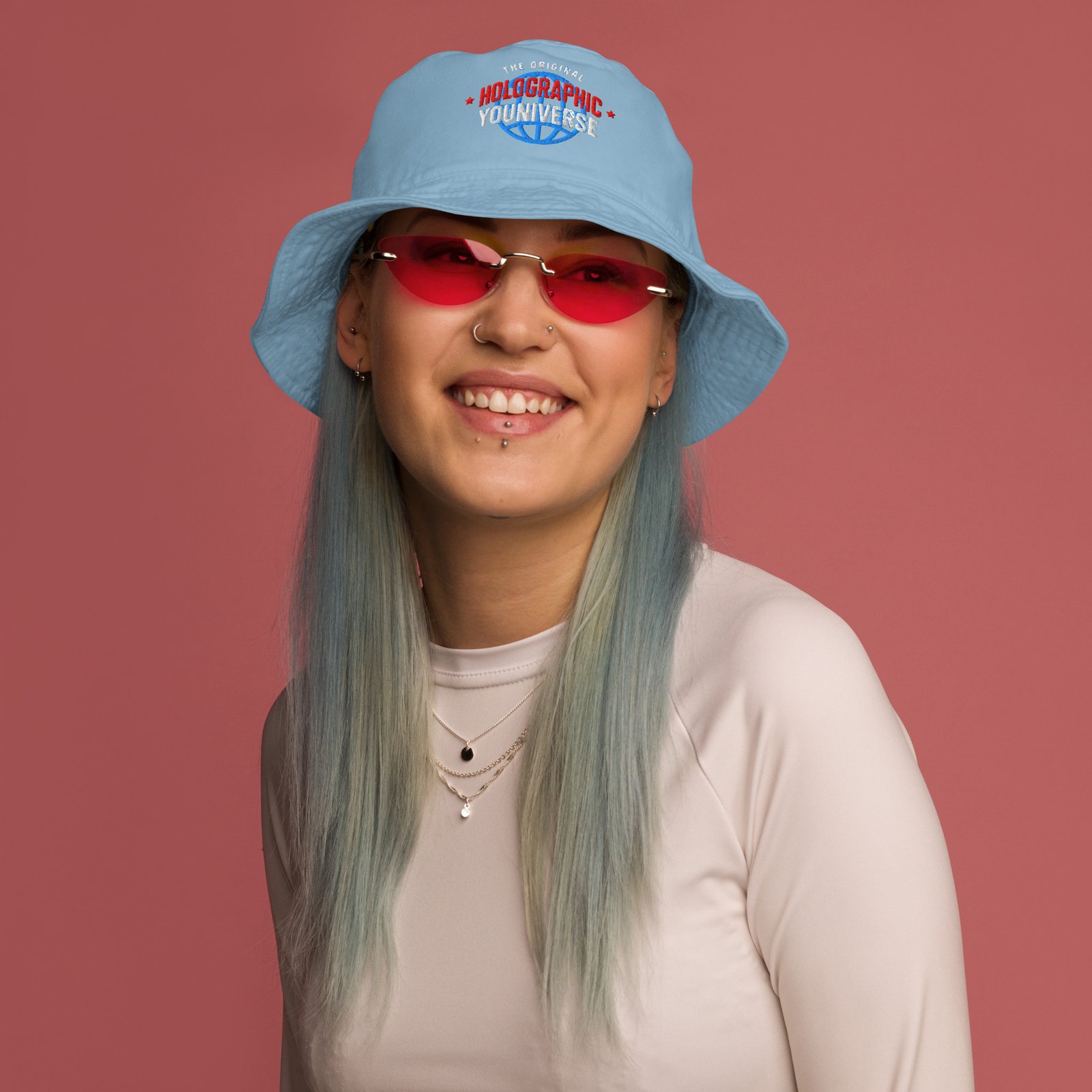 Holographic YOUniverse Bucket Hat – Unisex Organic Pure Cotton Summer Hat (White Text) - Image 7