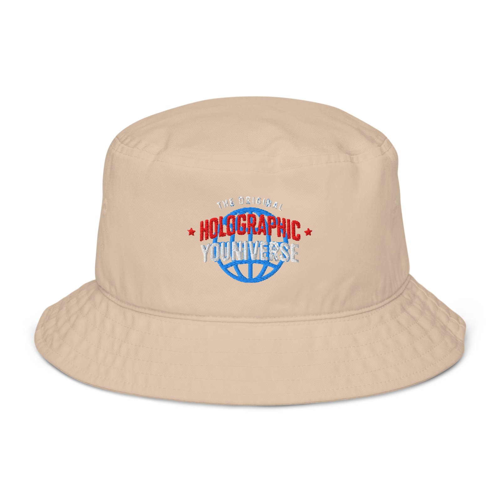 Holographic YOUniverse Bucket Hat – Unisex Organic Pure Cotton Summer Hat (White Text) - Image 13