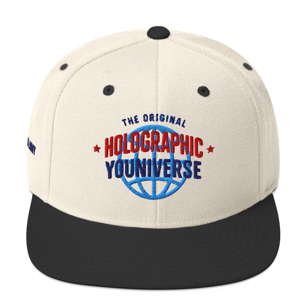 Holographic YOUniverse Snapback Cap – Holographic Universe Clothes Unisex (Navy Text) - Image 17