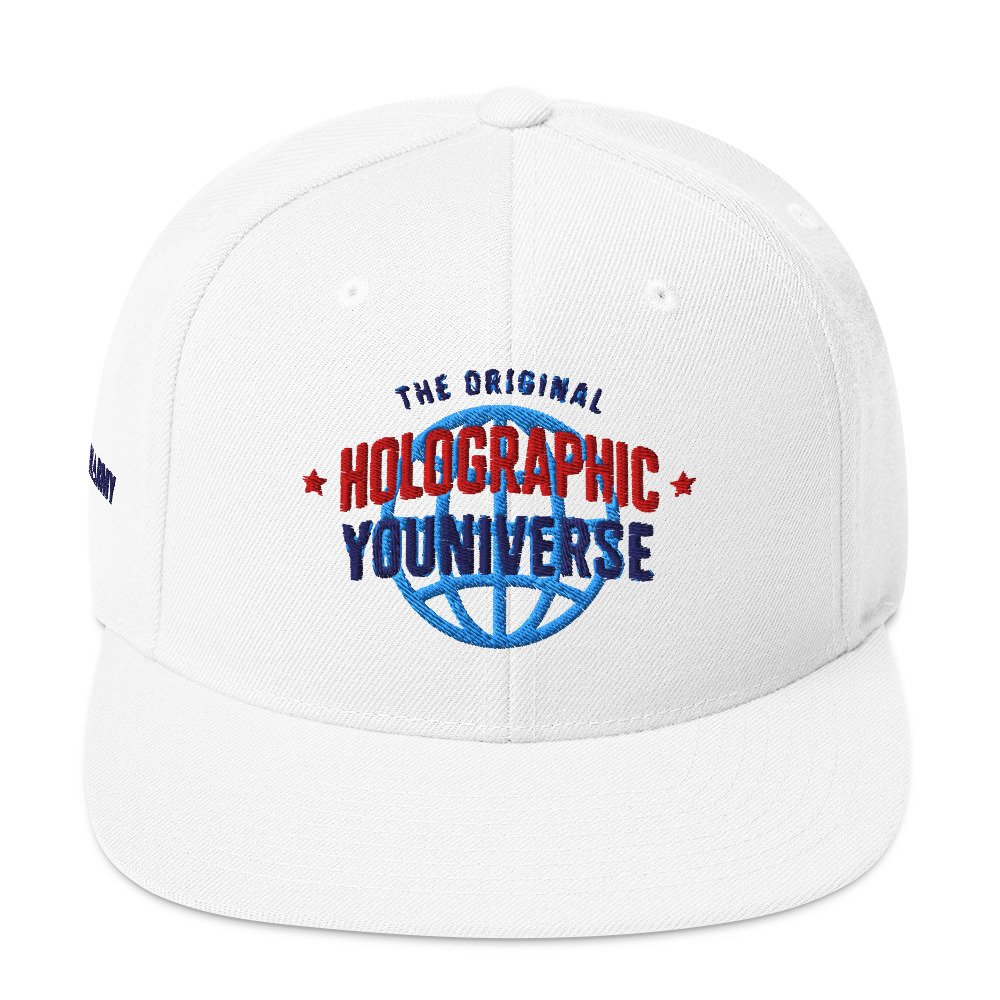 Holographic YOUniverse Snapback Cap – Holographic Universe Clothes Unisex (Navy Text) - Image 21